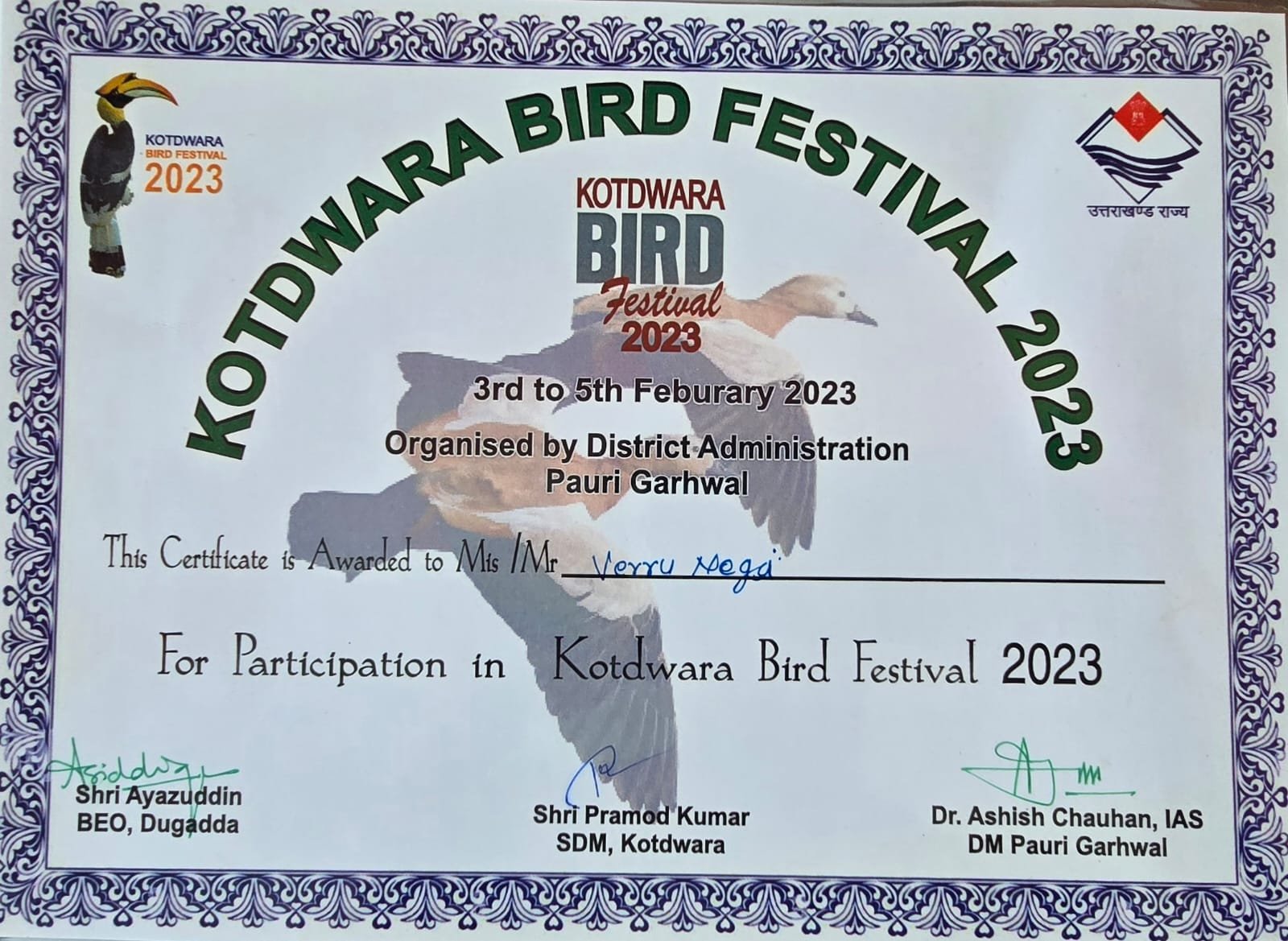 Veeru Negi certificate of appreciation 10 - Uttarakhand Forest Department, Rajaji National Park
