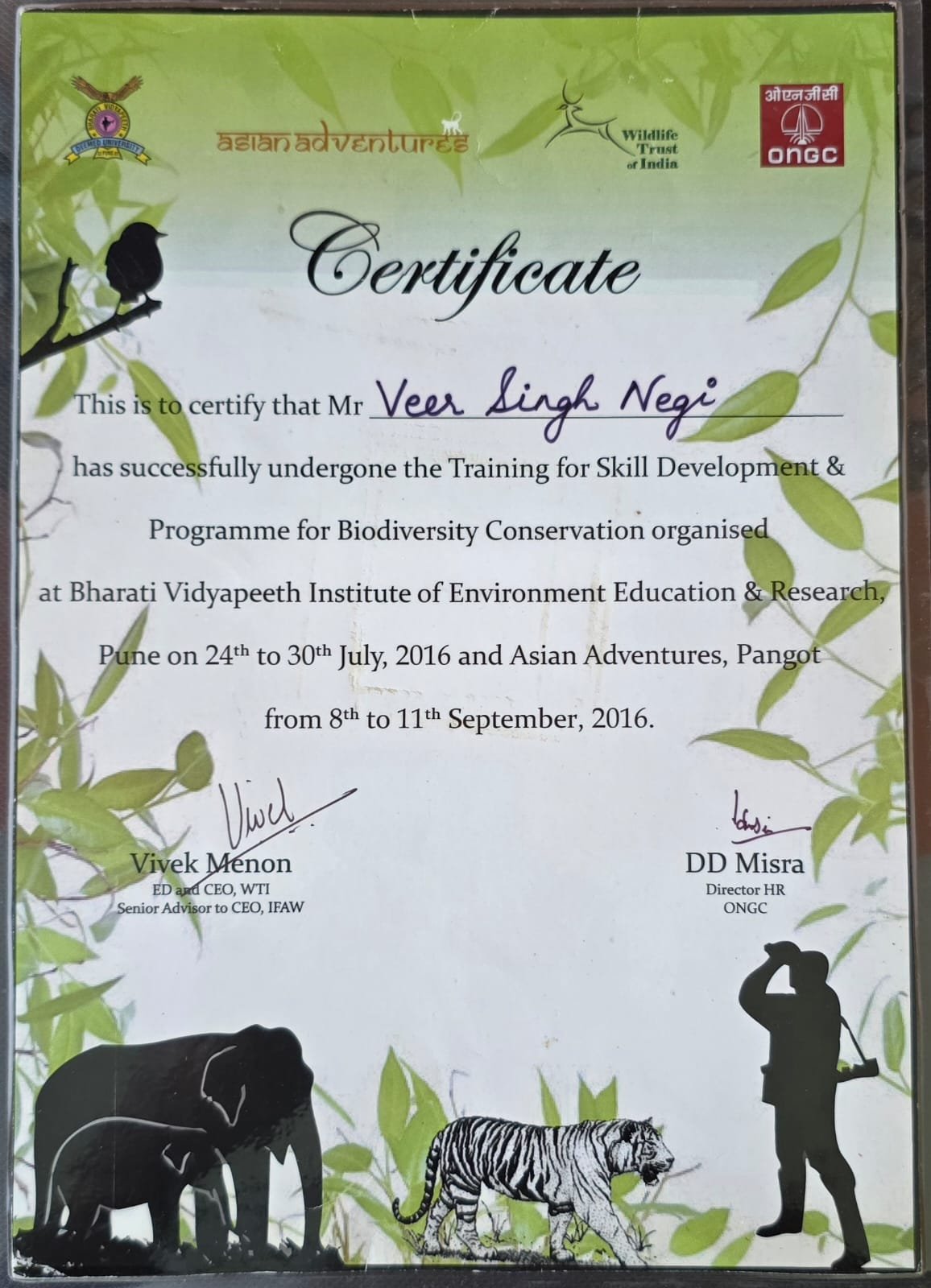 Veeru Negi certificate of appreciation 13 - Uttarakhand Forest Department, Rajaji National Park