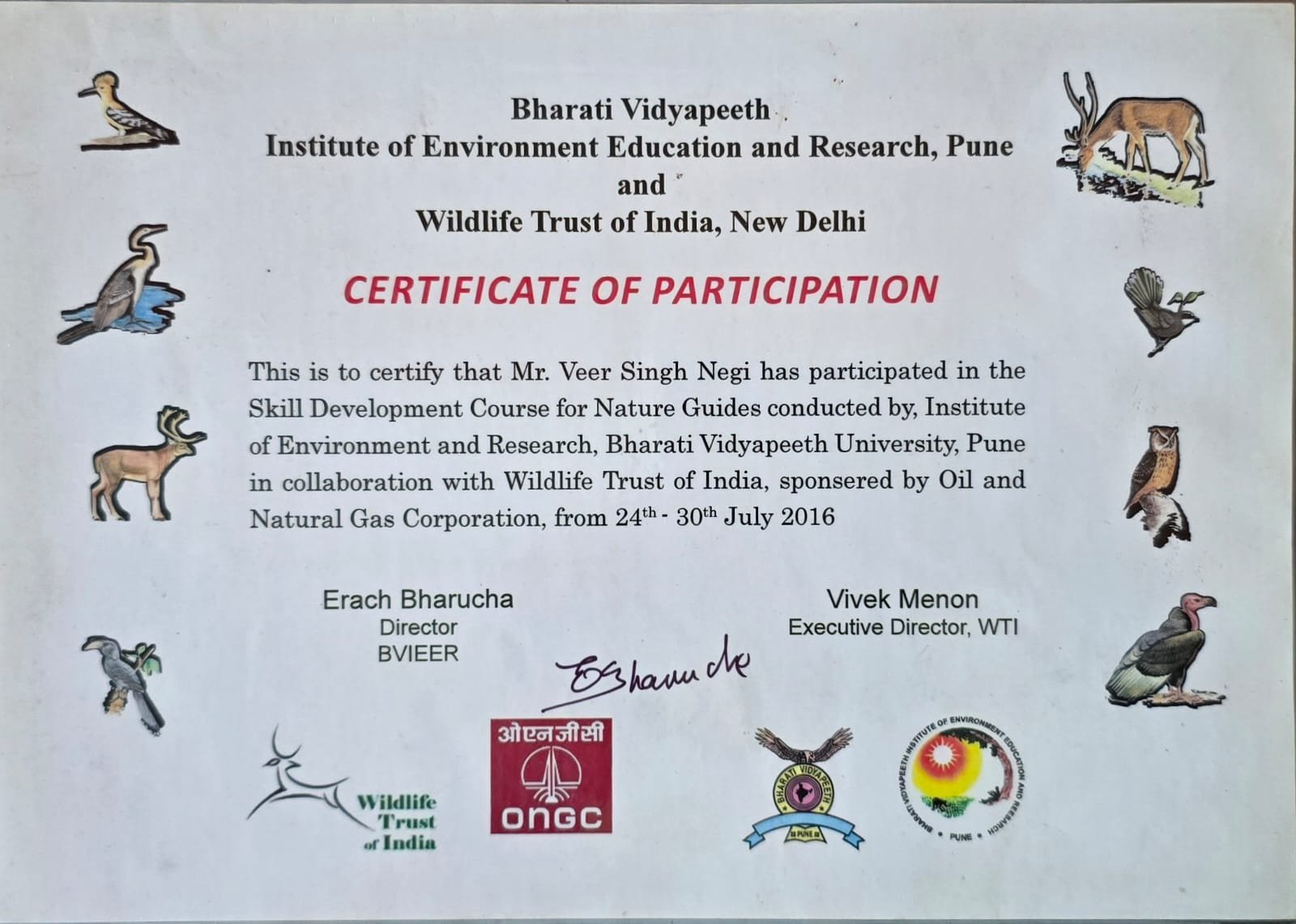 Veeru Negi certificate of appreciation 4 - Uttarakhand Forest Department, Rajaji National Park