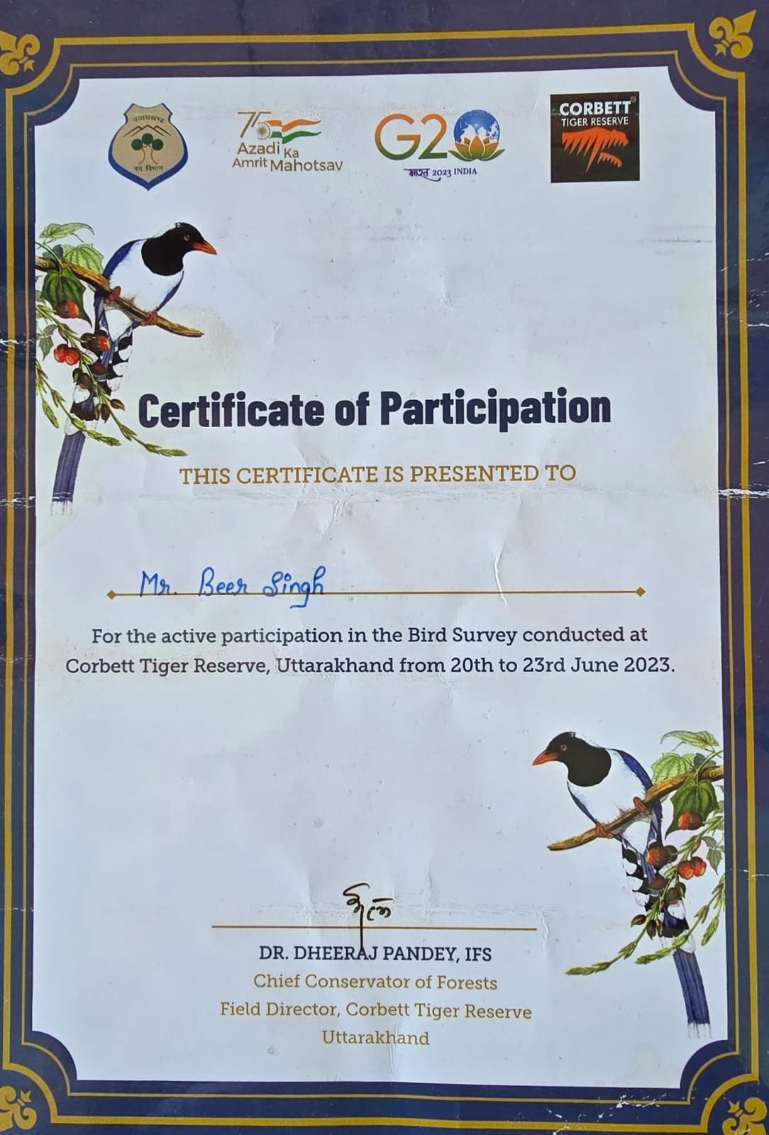 Veeru Negi certificate of appreciation 6 - Uttarakhand Forest Department, Rajaji National Park